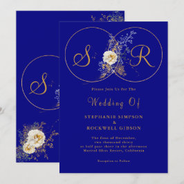 Invitación a la boda de monograma de oro azul de l