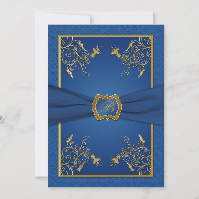 Invitación a la boda de monograma floral azul y do (Anverso)
