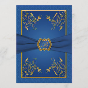 Invitación a la boda de monograma floral azul y do