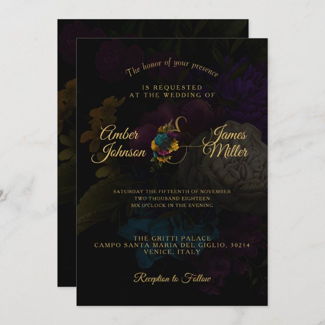 Invitación a la boda de monograma floral oscuro (Anverso / Reverso)