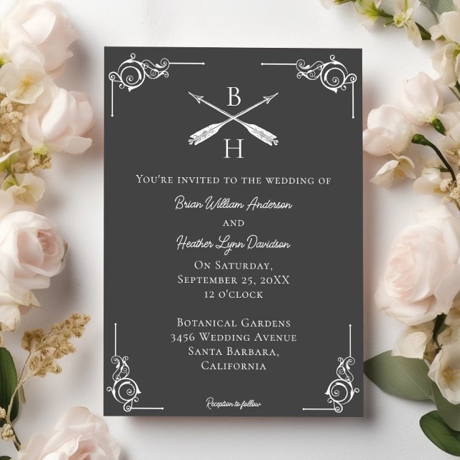 Invitación a la boda de monograma gris y flechas (Gray Monogram and Arrows Wedding Invitation)