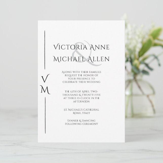 Invitación a la boda de monograma moderno en blanc (Anverso de pie)