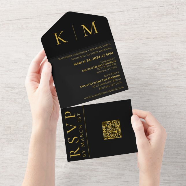 Invitación a la boda de monograma negro y oro- (desgarro)