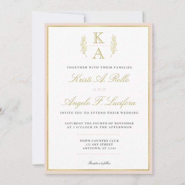 Invitación a la boda de monograma Rubor y Gold Bor (Anverso)
