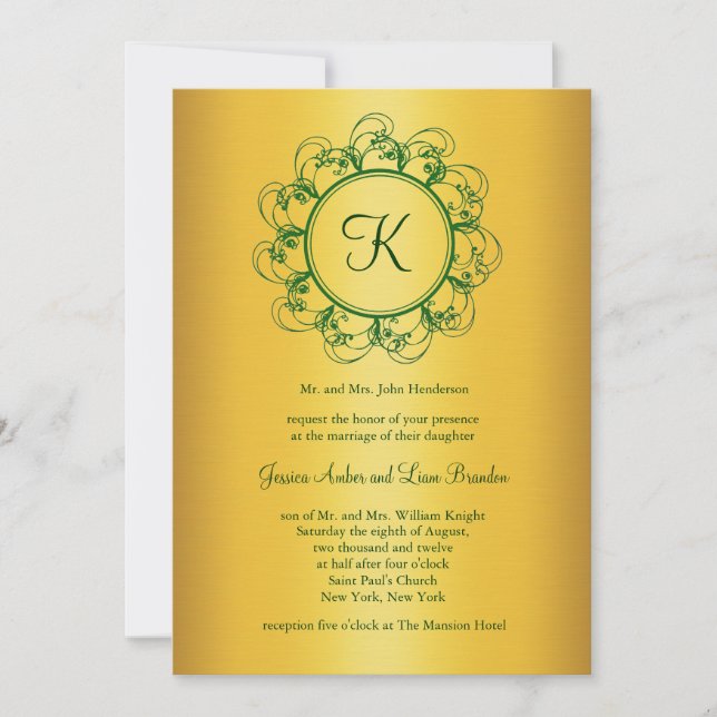 Invitación a la boda de monograma verde y oro de E (Anverso)