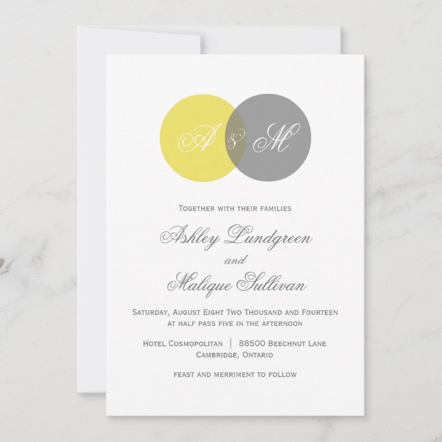 Invitación a la boda de monogramas amarillos y gri (Anverso)