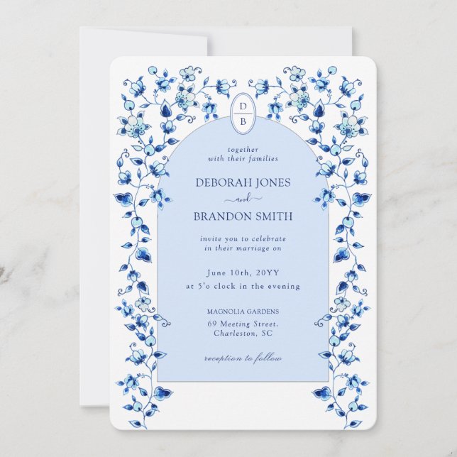 Invitación a la boda de Monogrammed Arch Delft (Anverso)