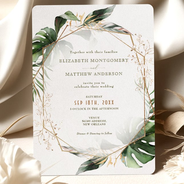 Invitación a la boda de Monstera Gold Watercolor (Subido por el creador)