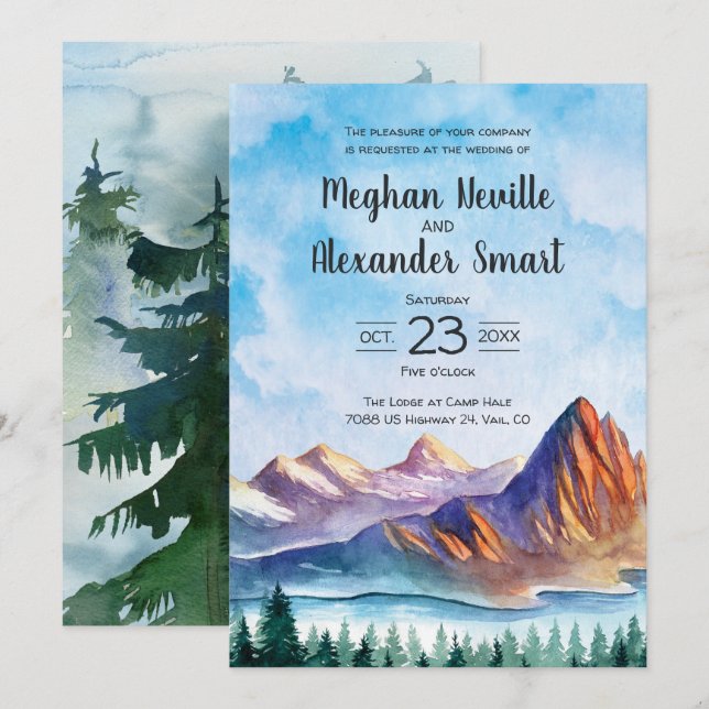 Invitación a la boda de montaña con agua y bosque (Anverso / Reverso)