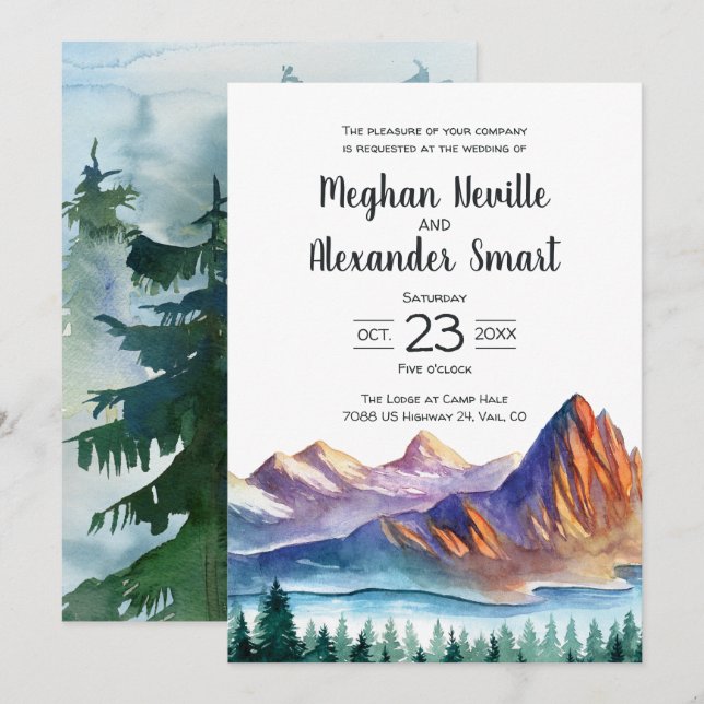 Invitación a la boda de montaña con agua y pinos (Anverso / Reverso)
