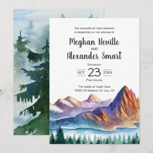 Invitación a la boda de montaña con agua y pinos