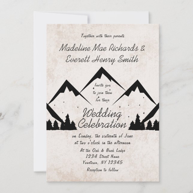 Invitación a la boda de montañas rusticas y pinos (Anverso)