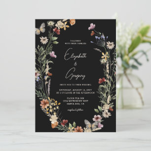 Invitación a la boda de Moody Black Boho Wildflowe
