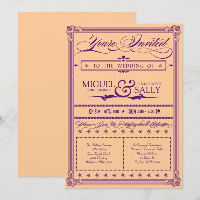 Invitación a la boda de morado metálico y marchito (Anverso / Reverso)