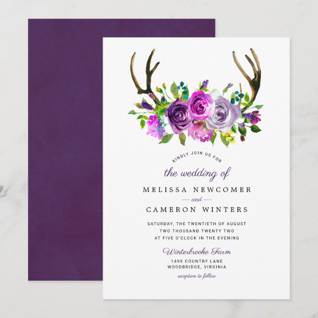 Invitación a la boda de morados florales (Anverso / Reverso)