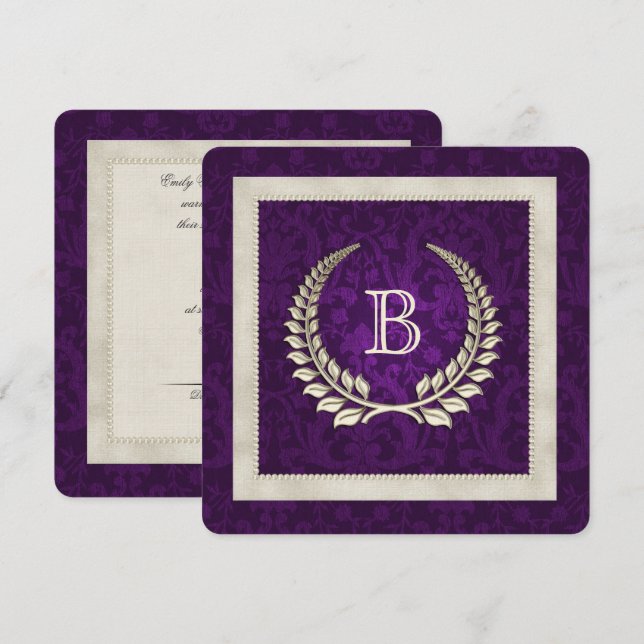 Invitación a la boda de Morple Damask y Pearls (Anverso / Reverso)