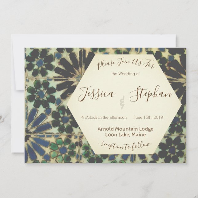 Invitación a la boda de mosaicos azules geométrico (Anverso)