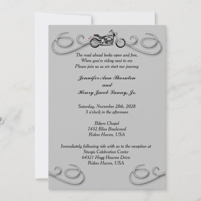 Invitación a la boda de Motocicleta y Swirls Silve (Anverso)