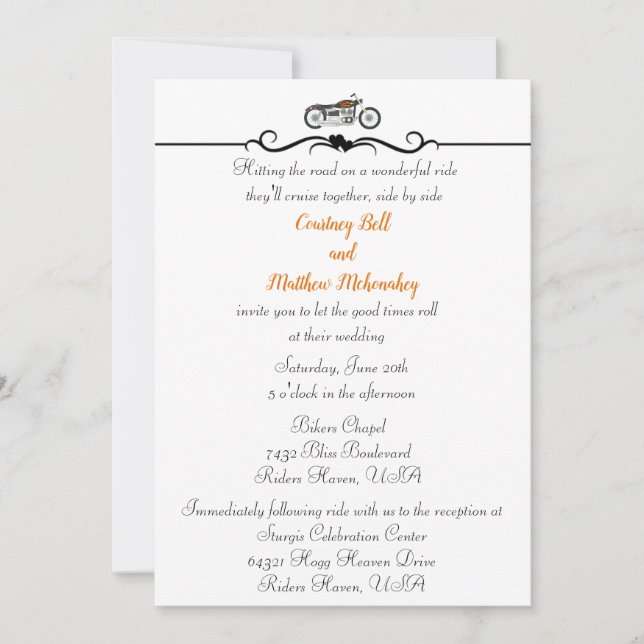 Invitación a la boda de motocicletas y corazones (Anverso)