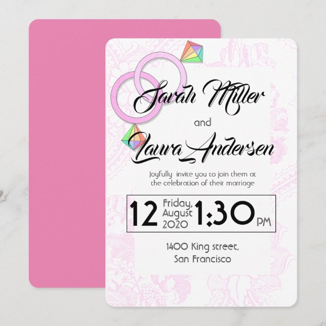 Invitación a la boda de mujeres LGBT (rosa) (Anverso / Reverso)