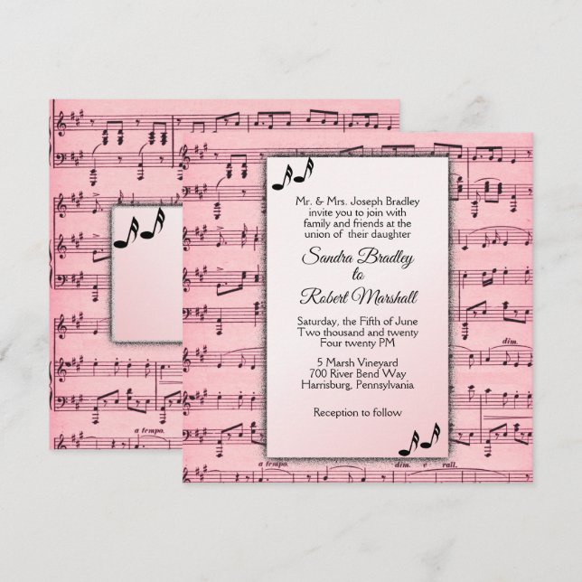 Invitación a la boda de música rosa (Anverso / Reverso)