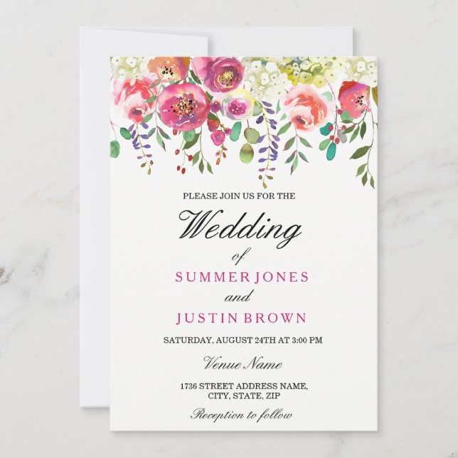 Invitación a la boda de nalga rosada con flores de (Anverso)