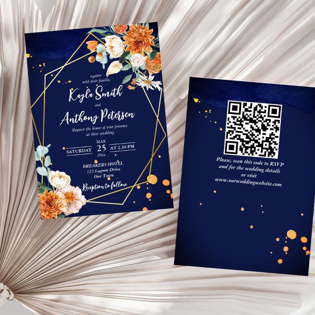 Invitación a la boda de naranja azul marino con ro (Navy blue orange white roses geometrical gold frame all in one wedding invitation template digital)