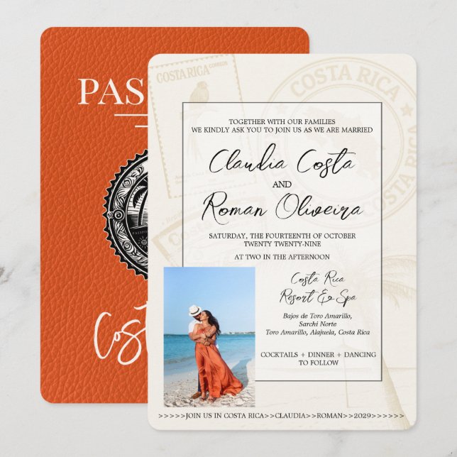 Invitación a la boda de naranja Costa Rica con pas (Anverso / Reverso)