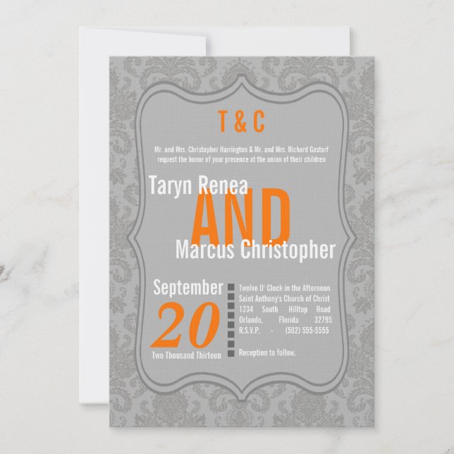 Invitación a la boda de Naranja de Damasco Gris 5  (Anverso)