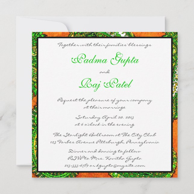 Invitación a la boda de Naranja eléctrico y paisle (Reverso)