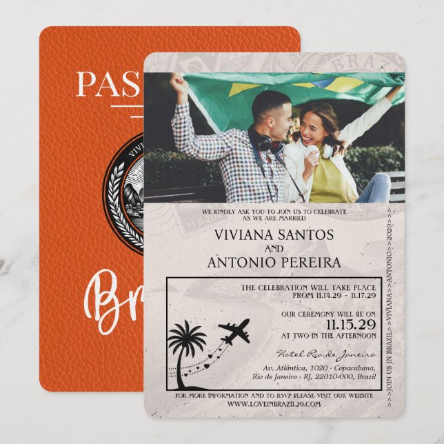 Invitación a la boda de naranja en Brasil (Anverso / Reverso)