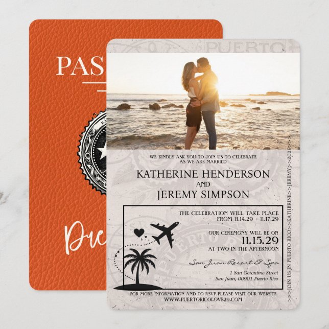 Invitación a la boda de naranja en Puerto Rico (Anverso / Reverso)