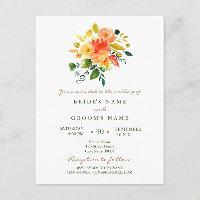 Invitación a la boda de naranja floral acuarela (Anverso)