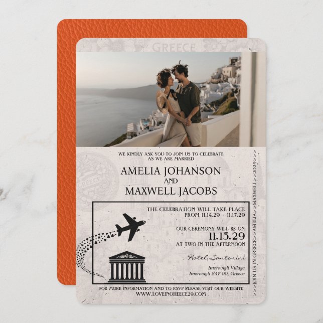 Invitación a la boda de naranja Grecia Passport (Anverso / Reverso)