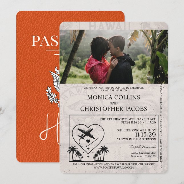 Invitación a la boda de naranja Hawaii Passport (Anverso / Reverso)