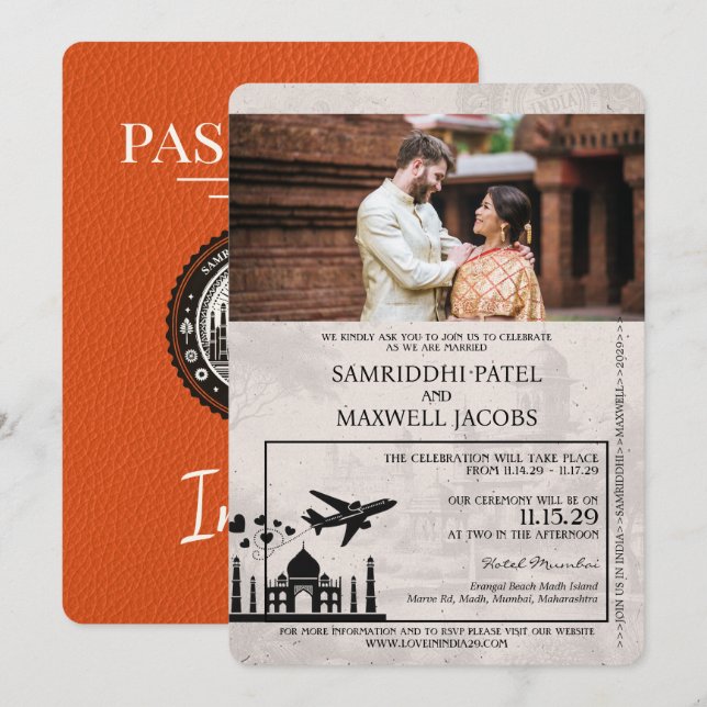Invitación a la boda de naranja India Passport (Anverso / Reverso)