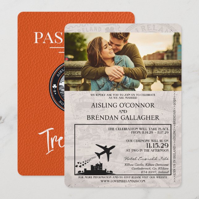 Invitación a la boda de naranja Ireland Passport (Anverso / Reverso)