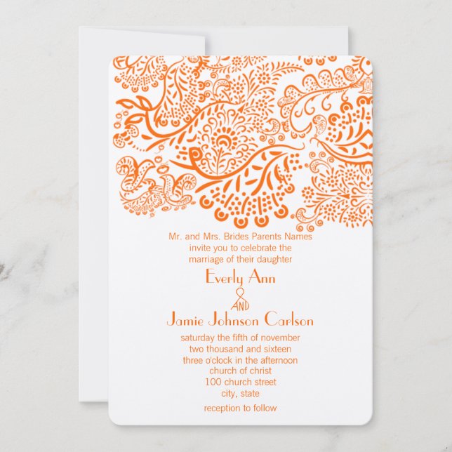 Invitación a la boda de naranja Lovebirds (Anverso)