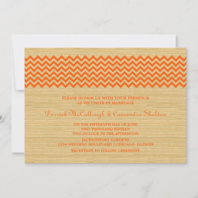 Invitación a la boda de naranja Rustic Chevron (Anverso)