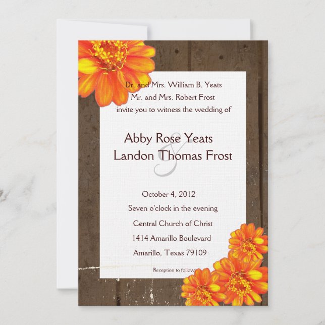 Invitación a la boda de Naranja Zinnia (Anverso)