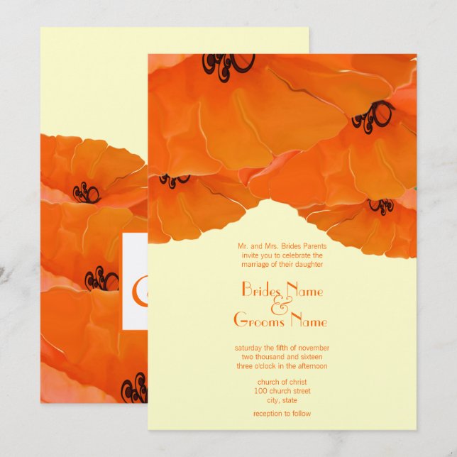 Invitación a la boda de naranjas Poppies (Anverso / Reverso)
