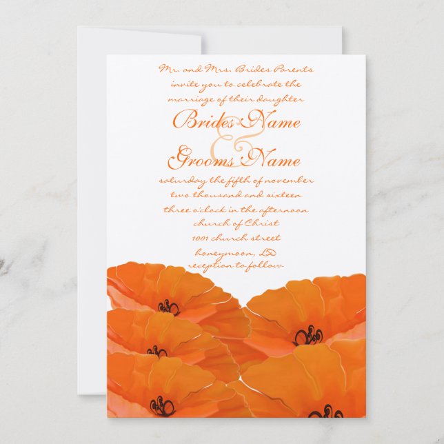 Invitación a la boda de naranjas Poppies (Anverso)