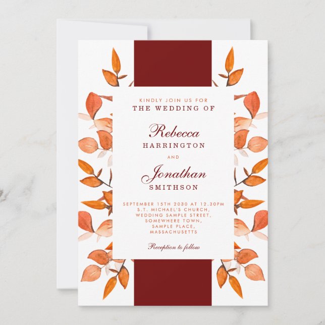 Invitación a la boda de Naranjas quemados por hoja (Anverso)