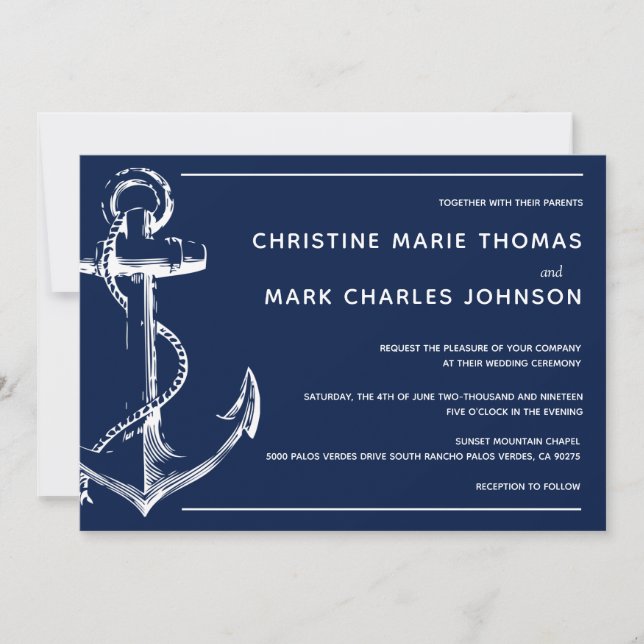 Invitación a la boda de nautical White Ship Anchor (Anverso)