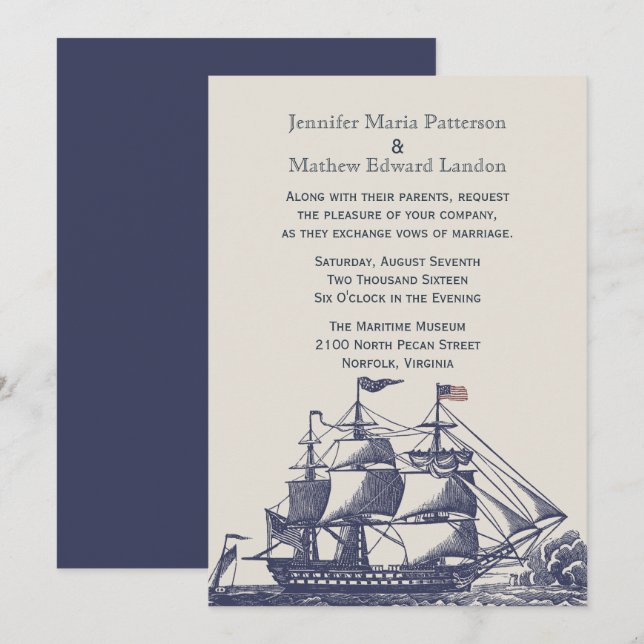 Invitación a la boda de naves azules y marfileñas (Anverso / Reverso)