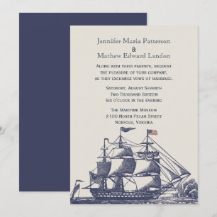 Invitación a la boda de naves azules y marfileñas