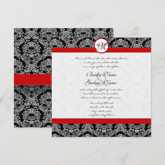 Invitación a la boda de naves de damasco rojas y n (Anverso / Reverso)