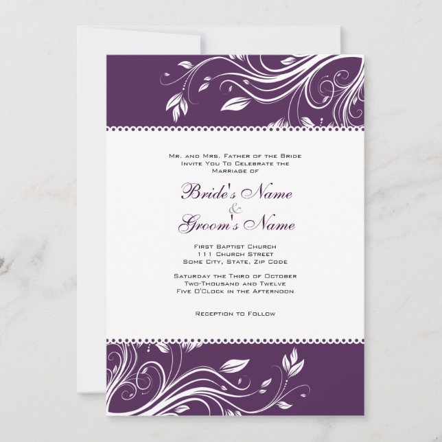 Invitación a la boda de naves florales púrpura y b (Anverso)