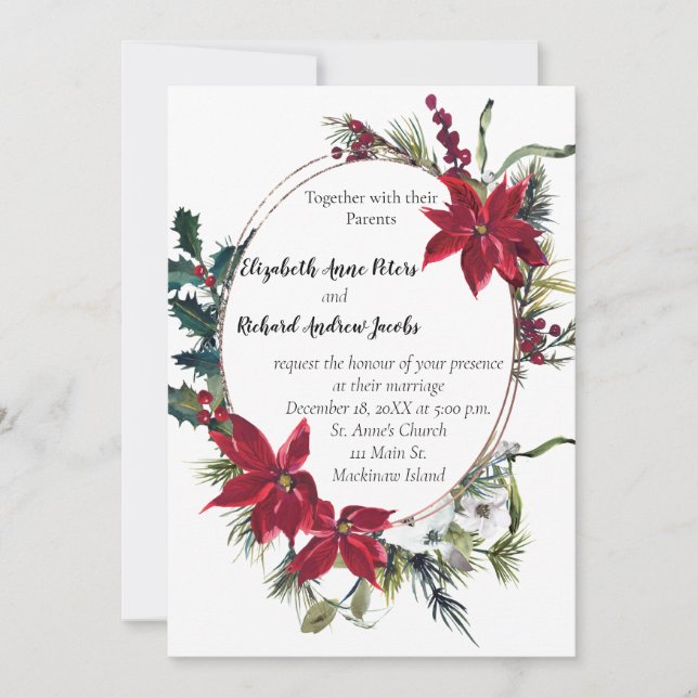 Invitación a la boda de navidades con Poinsettia (Anverso)