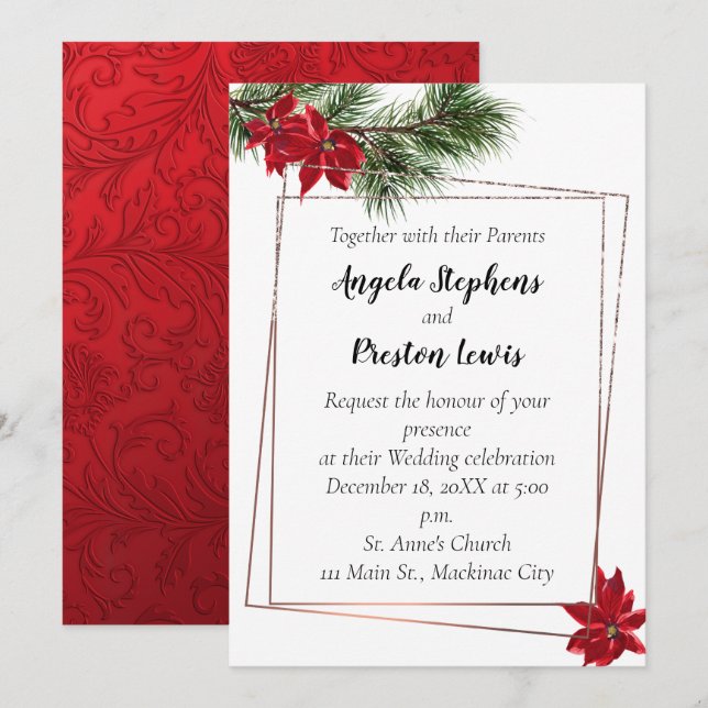 Invitación a la boda de navidades con Poinsettia (Anverso / Reverso)